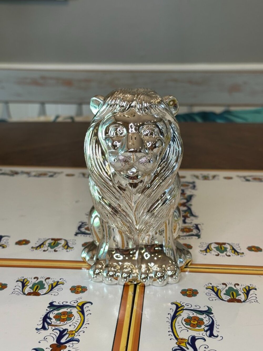 vintage Reed & Barton silverplate lion coin bank